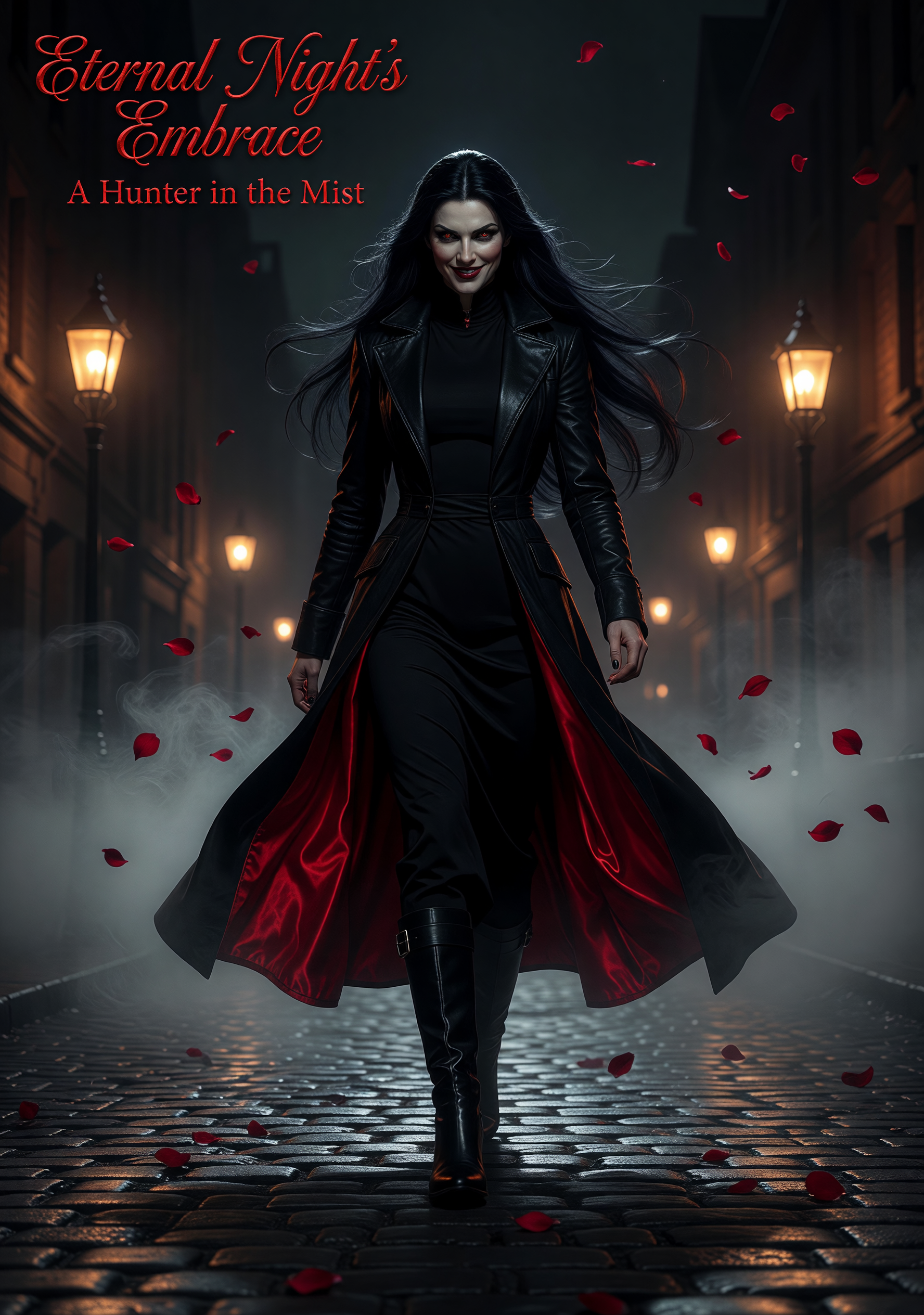 Fantasy art: vampire woman on foggy cobblestones at midnight