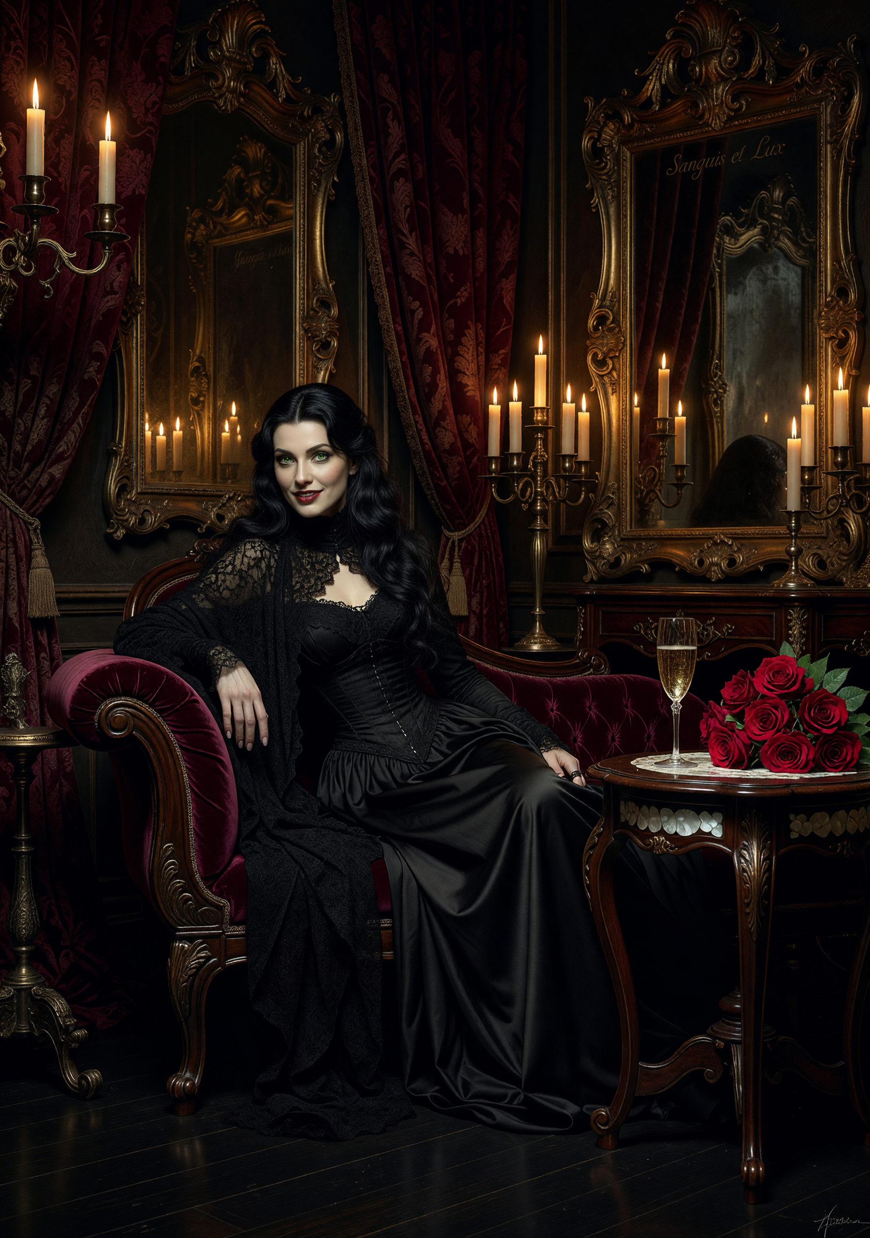 Fantasy art: vampire in candlelit chamber with roses and velvet